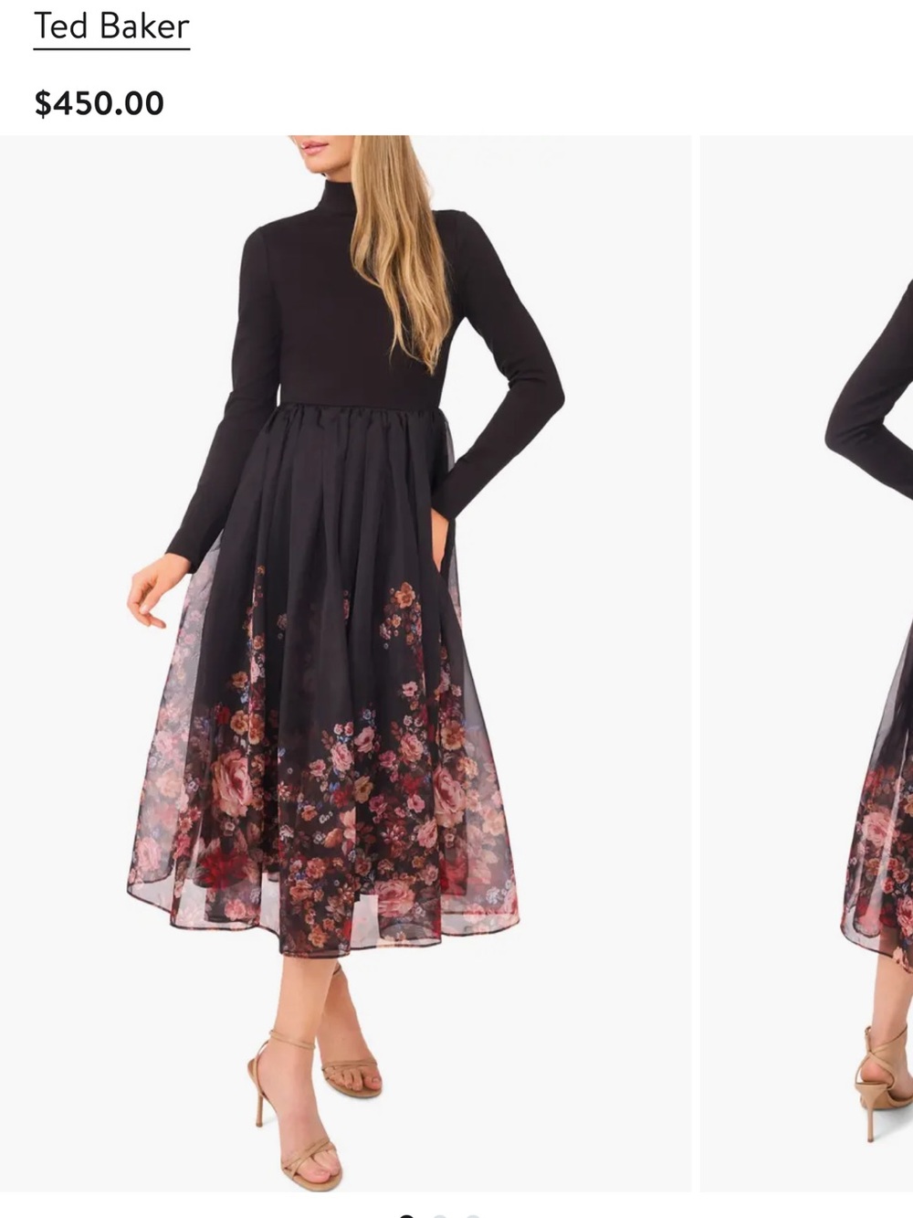 Ted Baker Black Floral Midi Dress with Sheer Printed Skirt